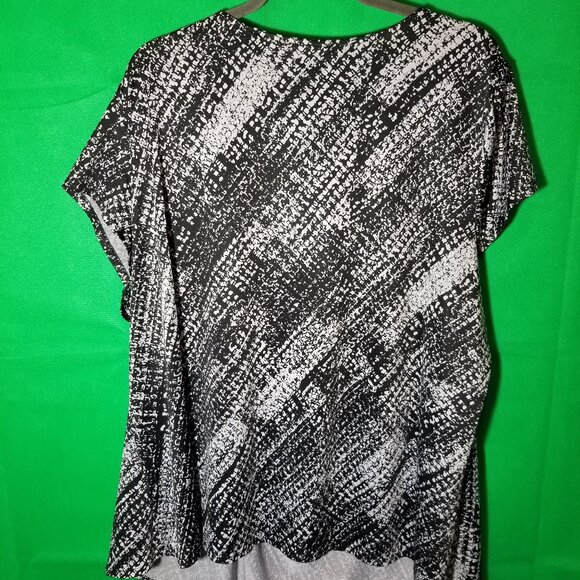 Avenue Cap Sleeve Women 26/28 Black Abstract Tunic Scoop Neck Ruched Front - Picture 3 of 7